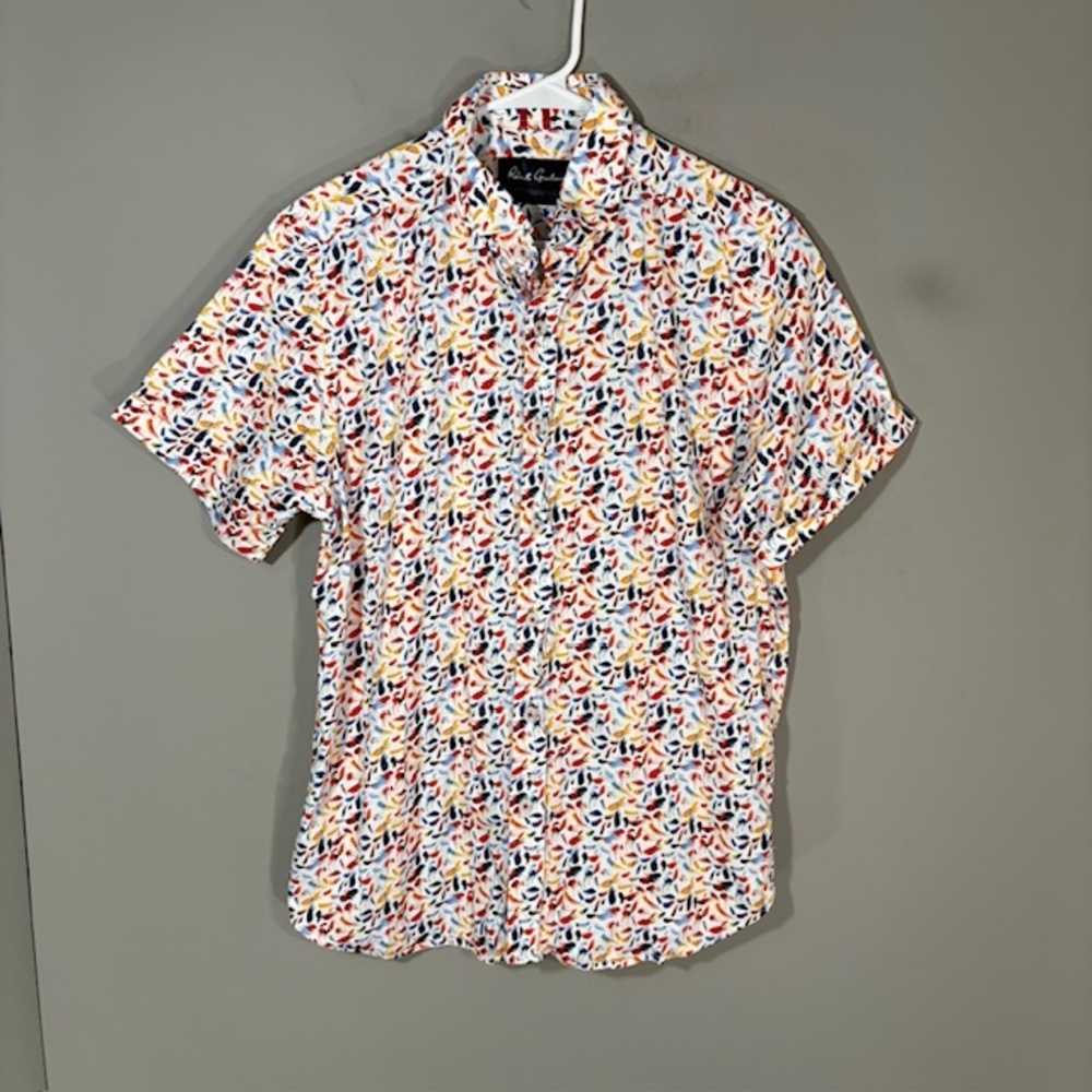 Robert Graham Shirt Mens L Multicolor Feather Print Short Sleeve Button Up